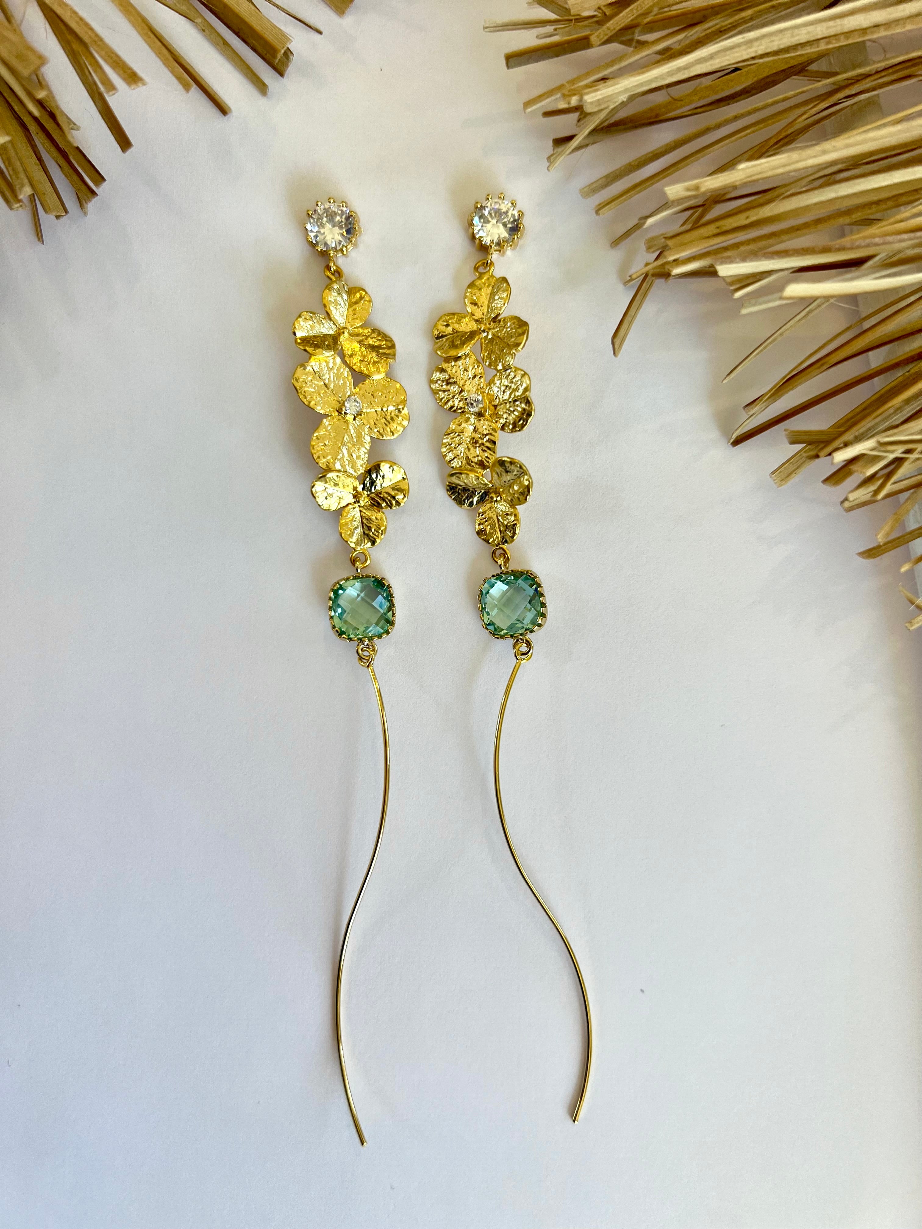 Long Gold Flower Erinite Crystal Earrings