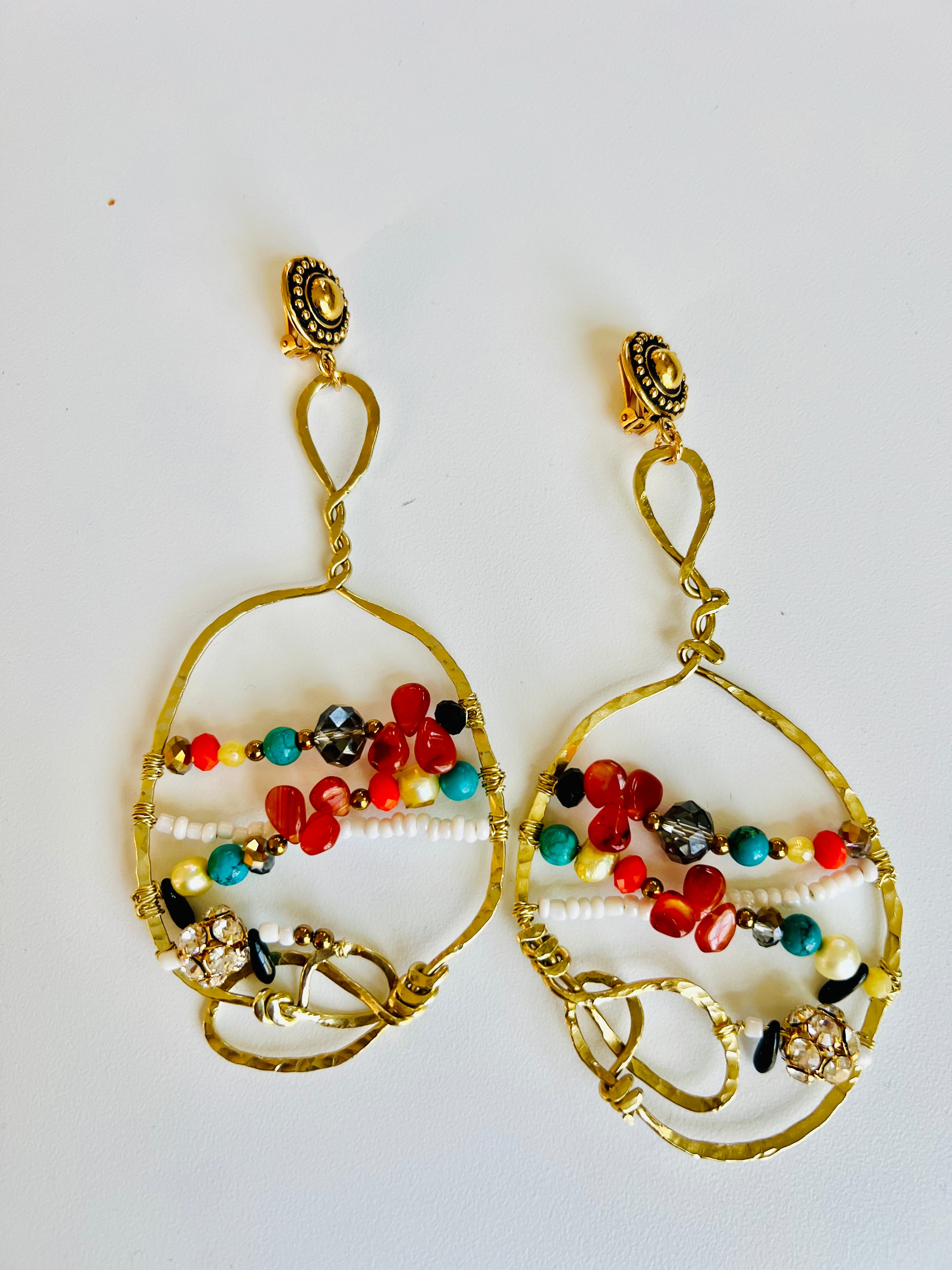 Gold Chandelier  Gemstone Hoop  Earrings