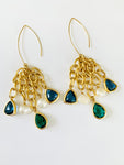 Mother-of-Pearl, Sapphire,Emerald Gold Chandelier Earrings