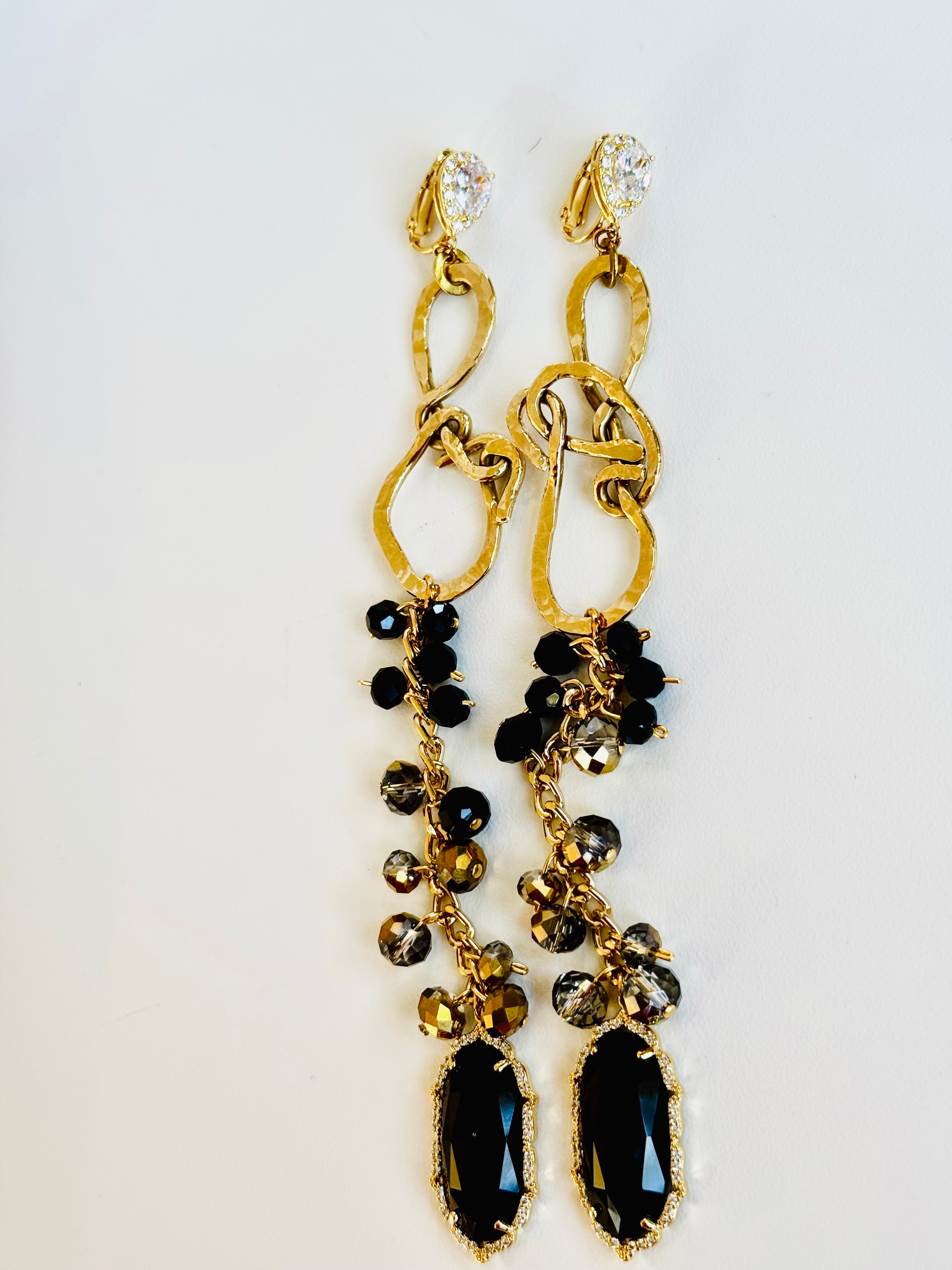 Midnight Gold Statement Earrings-Black Crystal and GoldDangle Earrings
