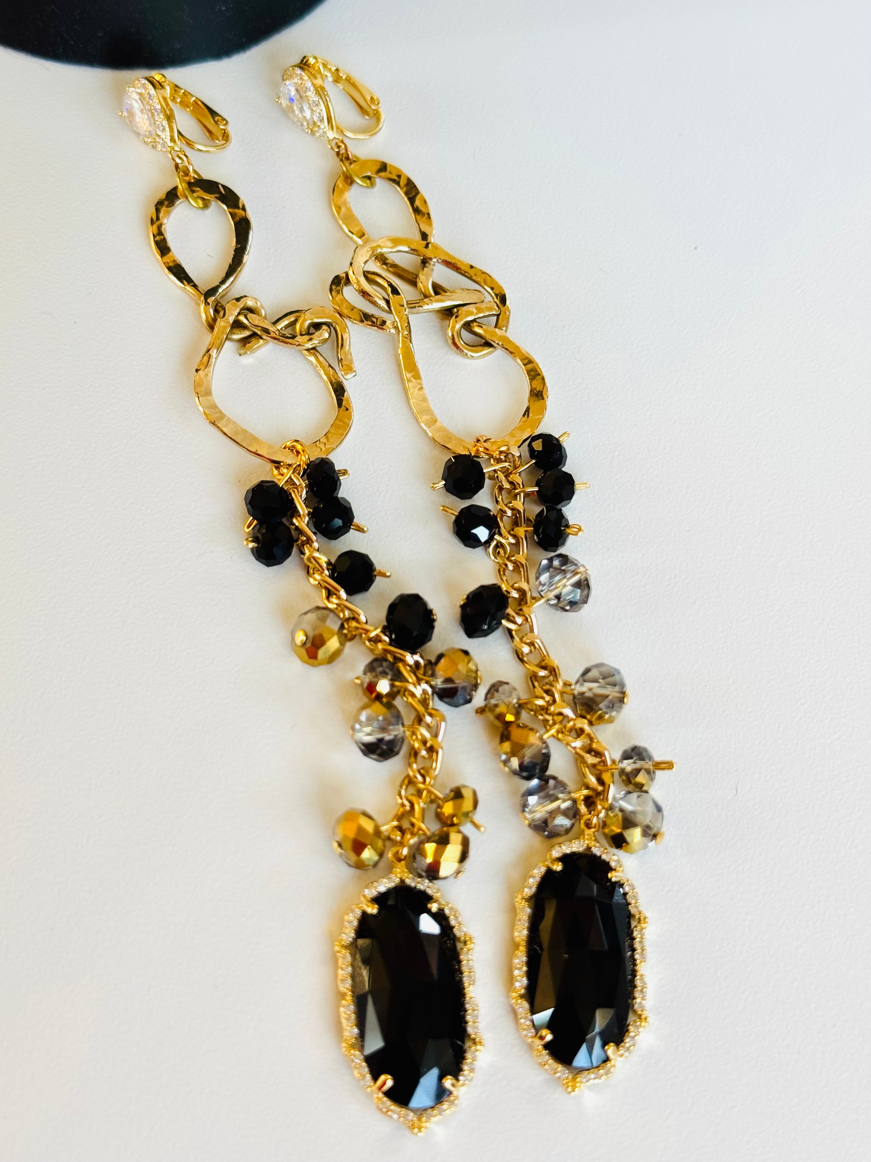Midnight Gold Statement Earrings-Black Crystal and GoldDangle Earrings
