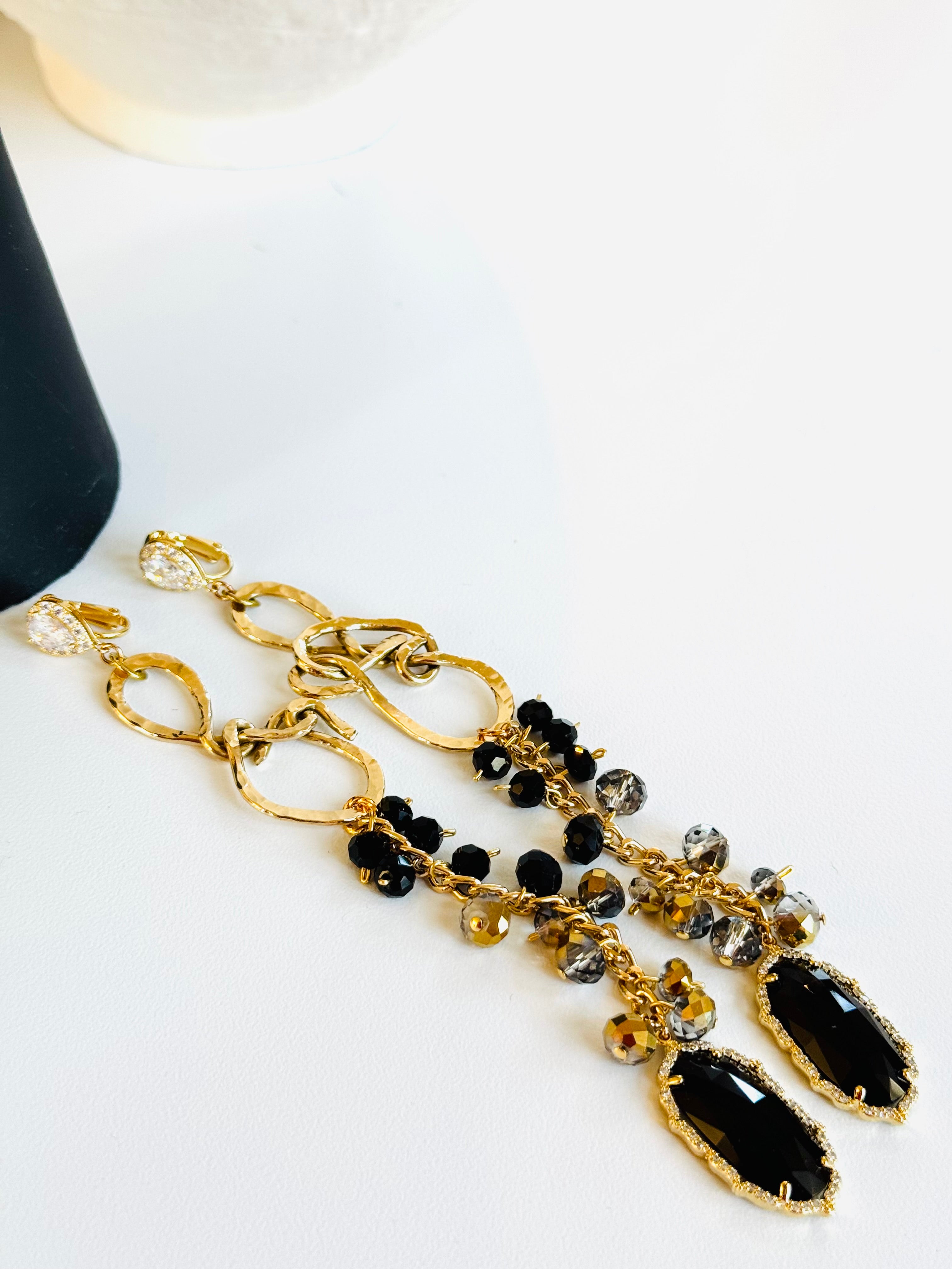 Midnight Gold Statement Earrings-Black Crystal and GoldDangle Earrings