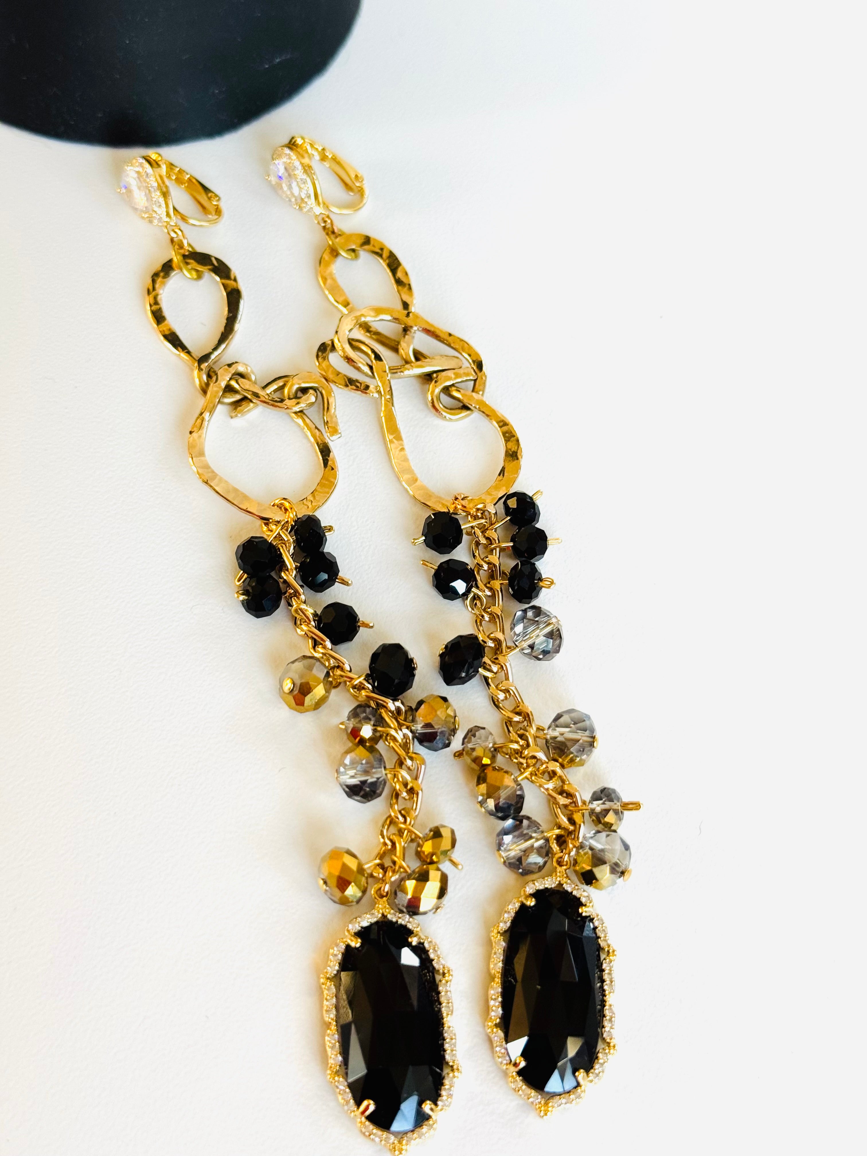 Midnight Gold Statement Earrings-Black Crystal and GoldDangle Earrings