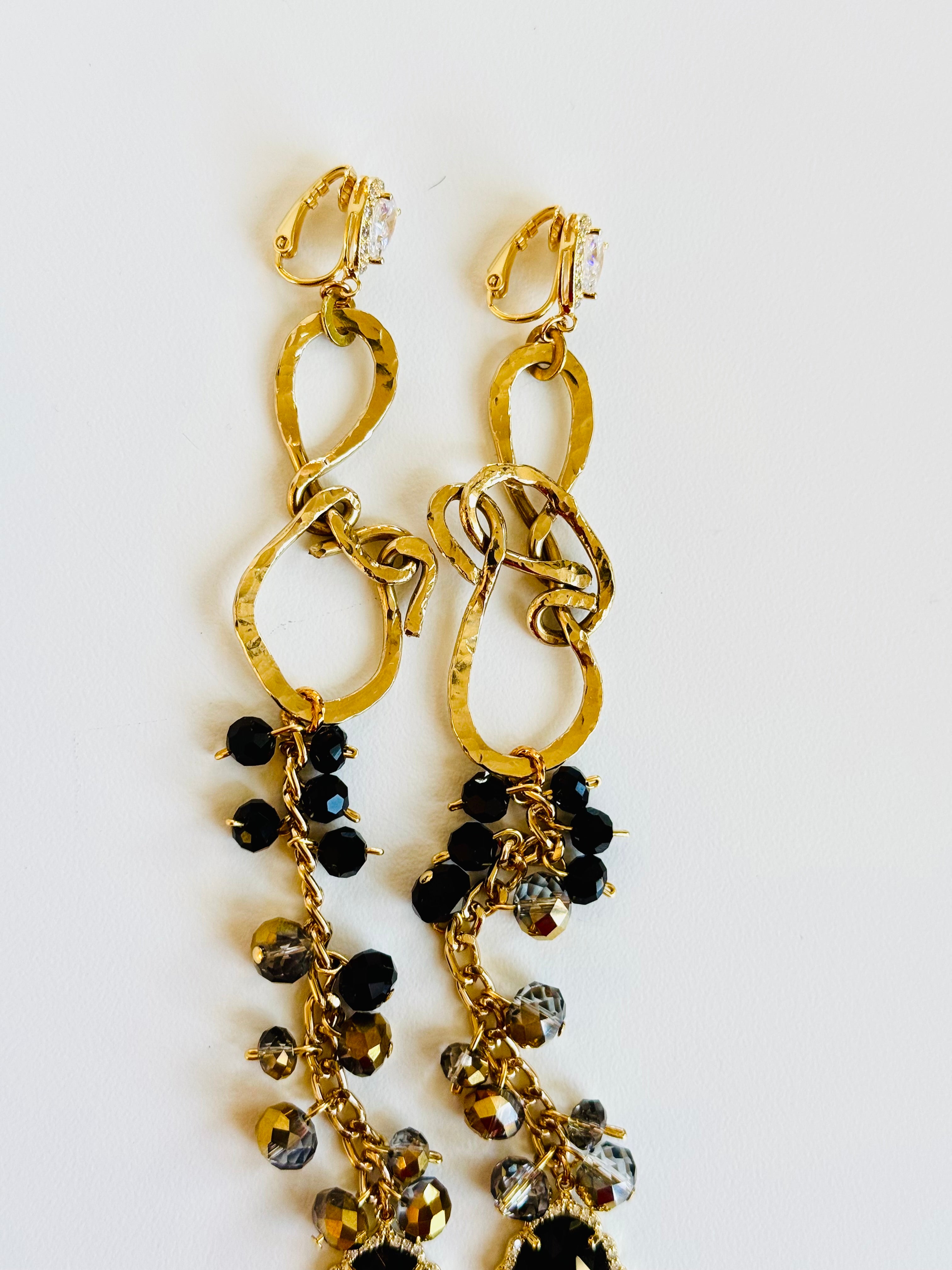 Midnight Gold Statement Earrings-Black Crystal and GoldDangle Earrings