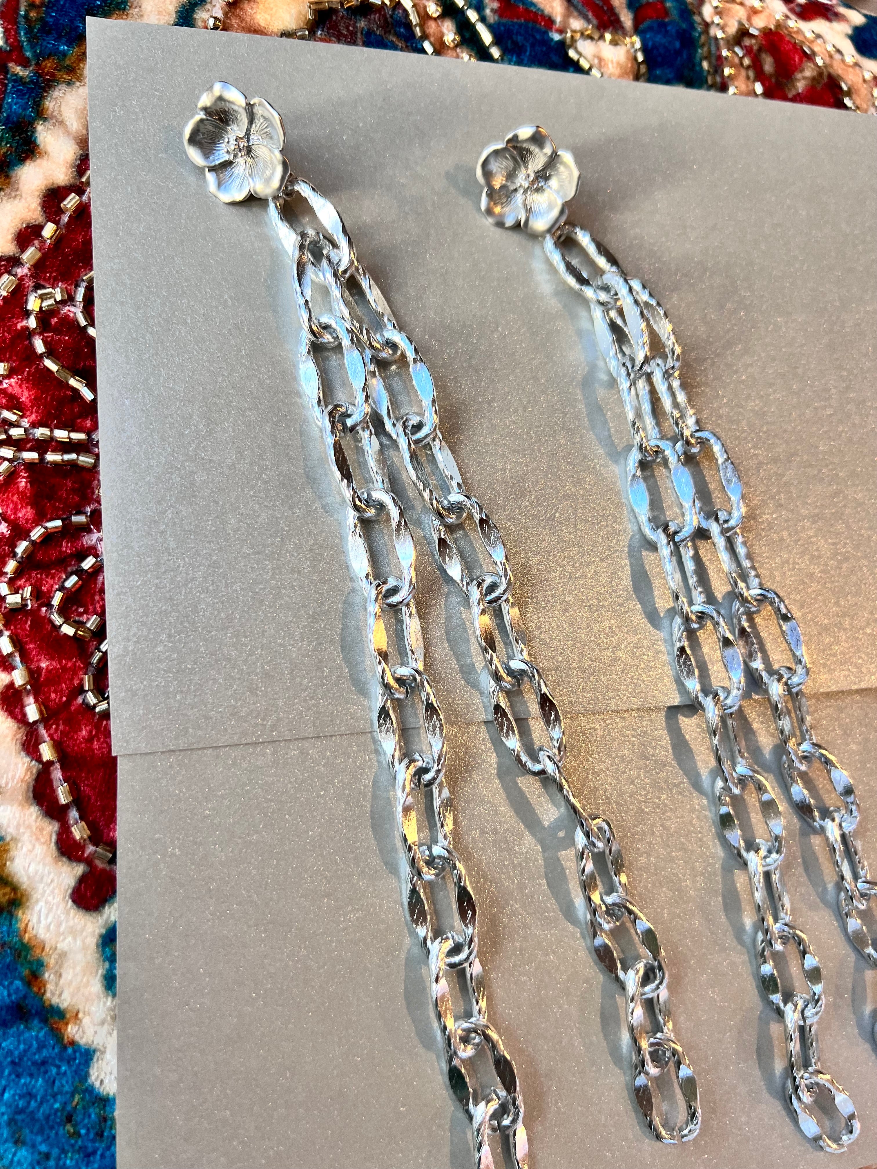 Silver Textured Chain with Flower Post Long Earrings