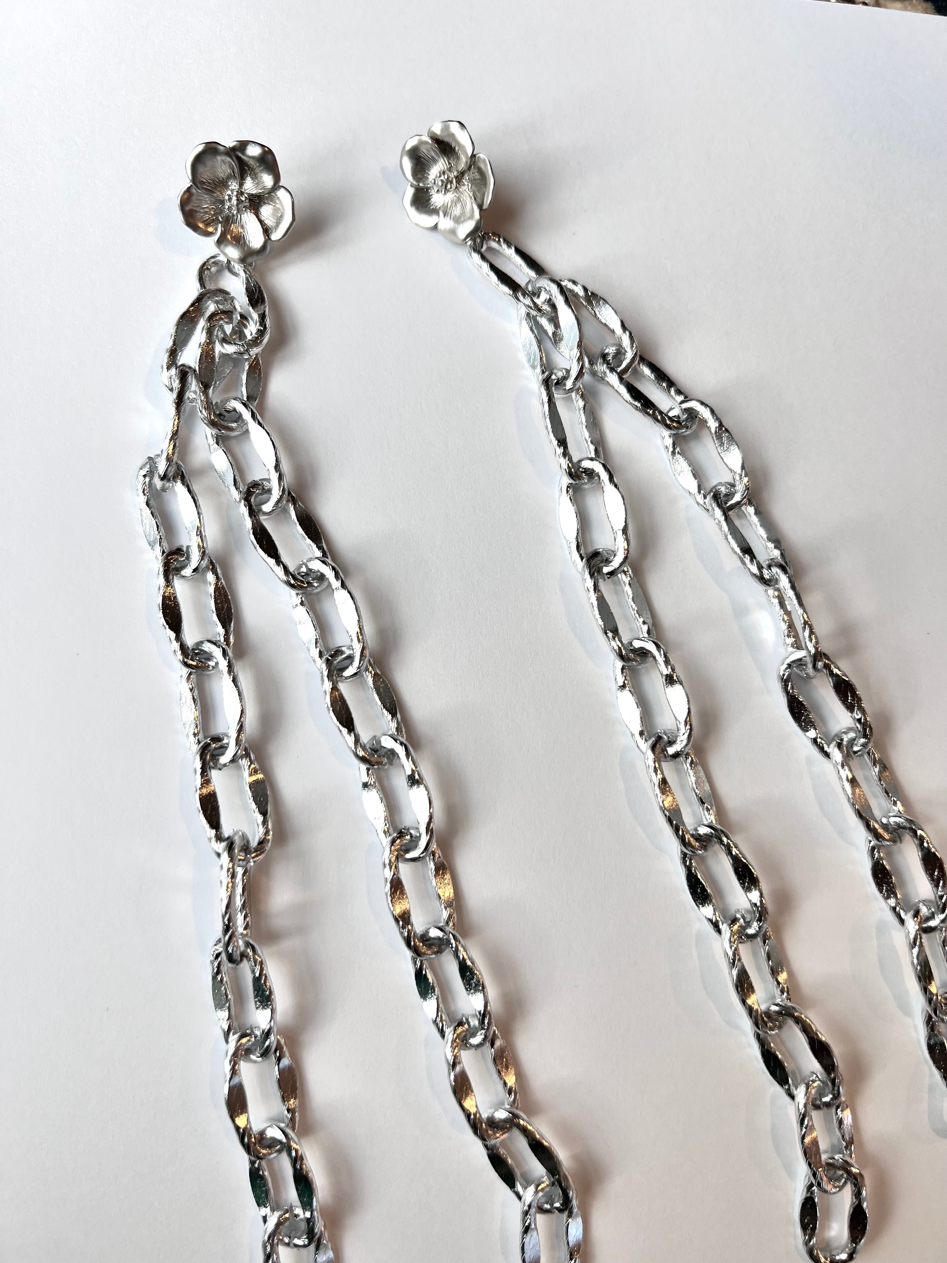 Silver Textured Chain with Flower Post Long Earrings