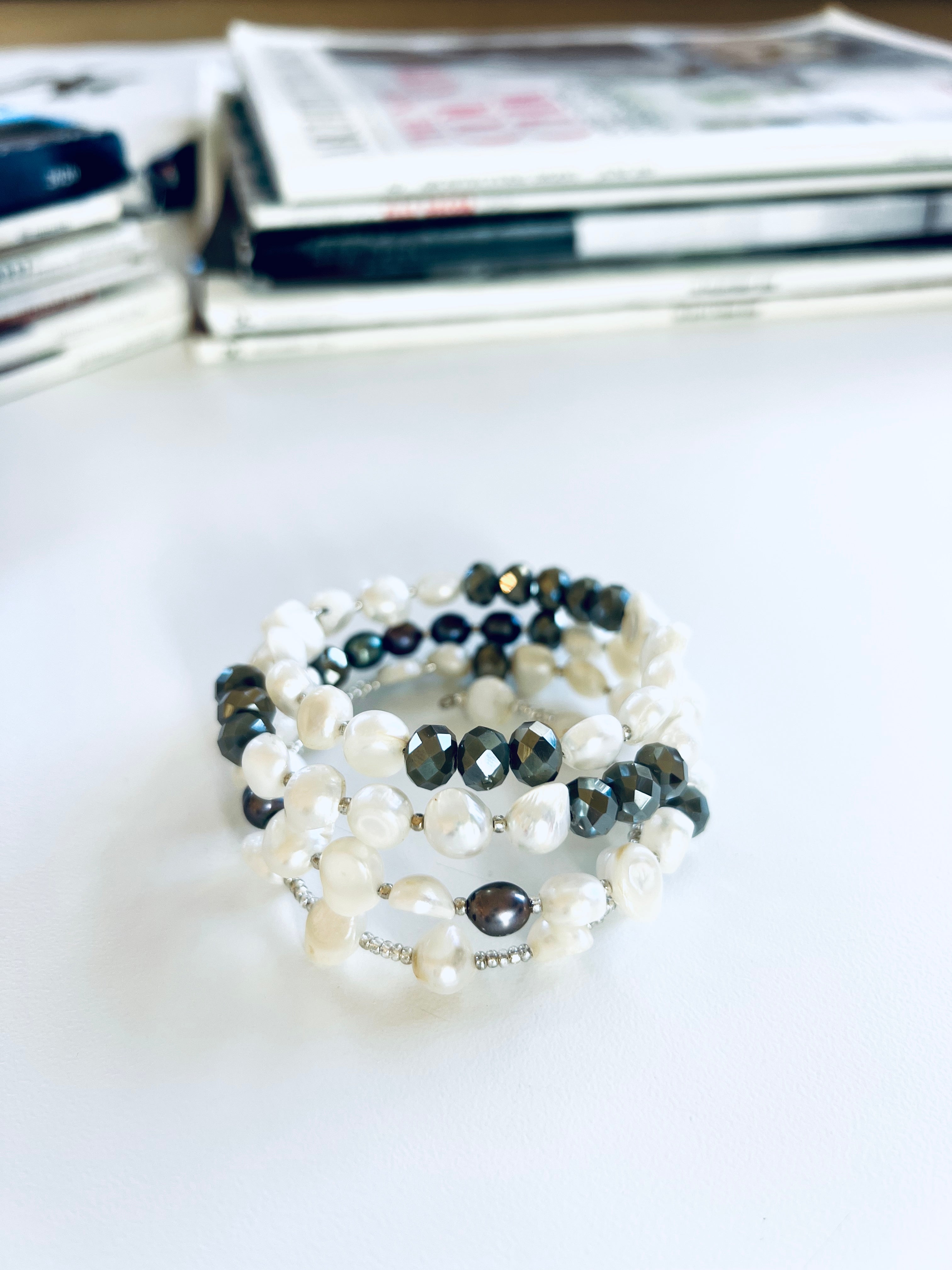 Pearl and Dark Gray Crystal Wrap Bracelet