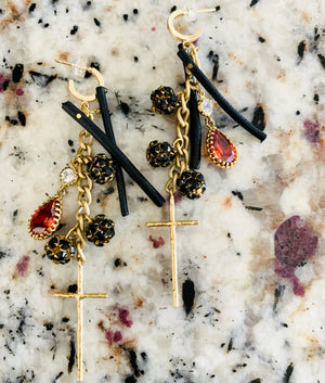 Faith Black Crystal Gold Cross Earrings
