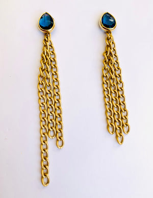 Blue Sapphire Gold Chain Abstract Earrings