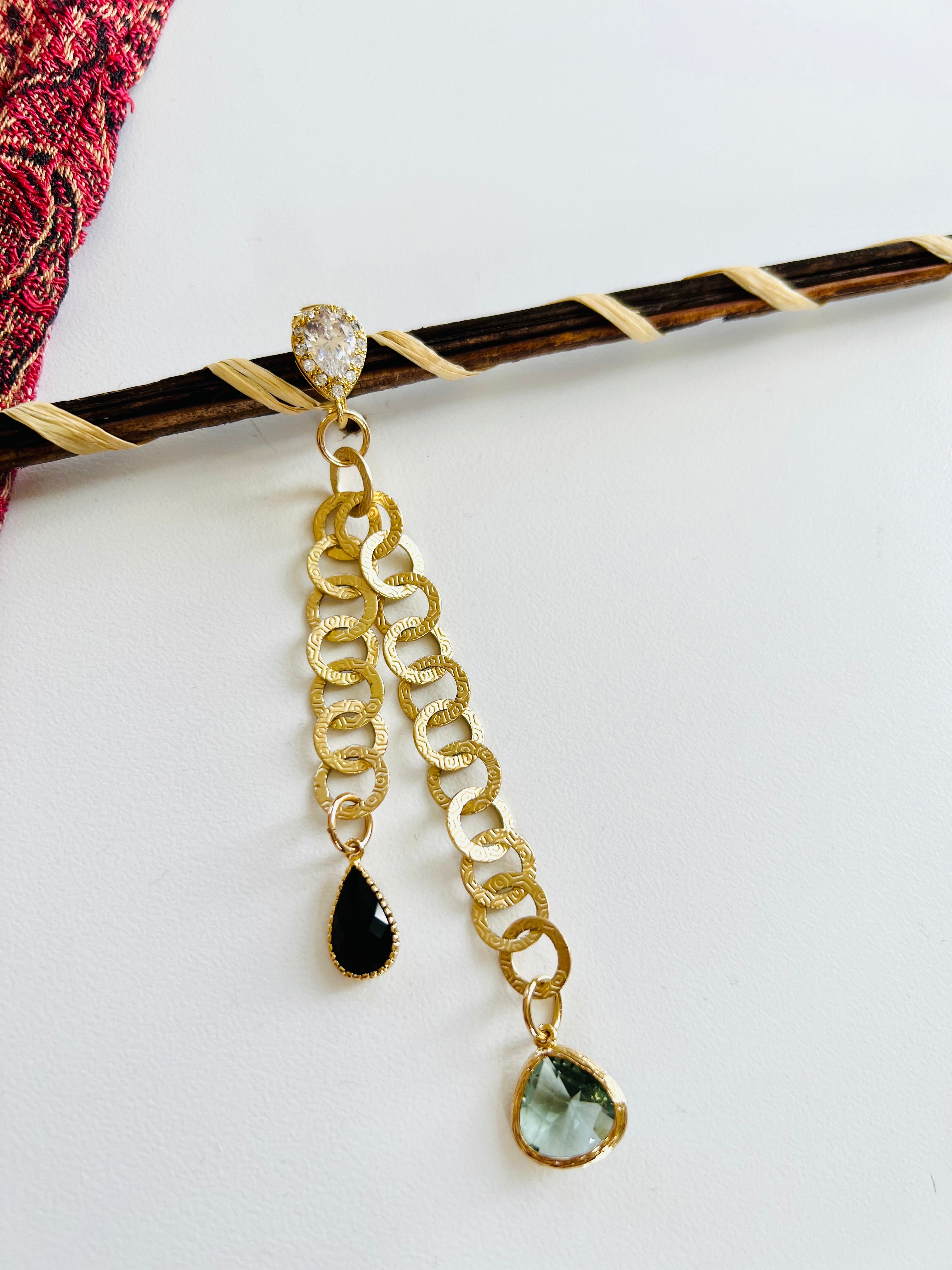 Black Onyx and Sage Gold Aztec Earrings