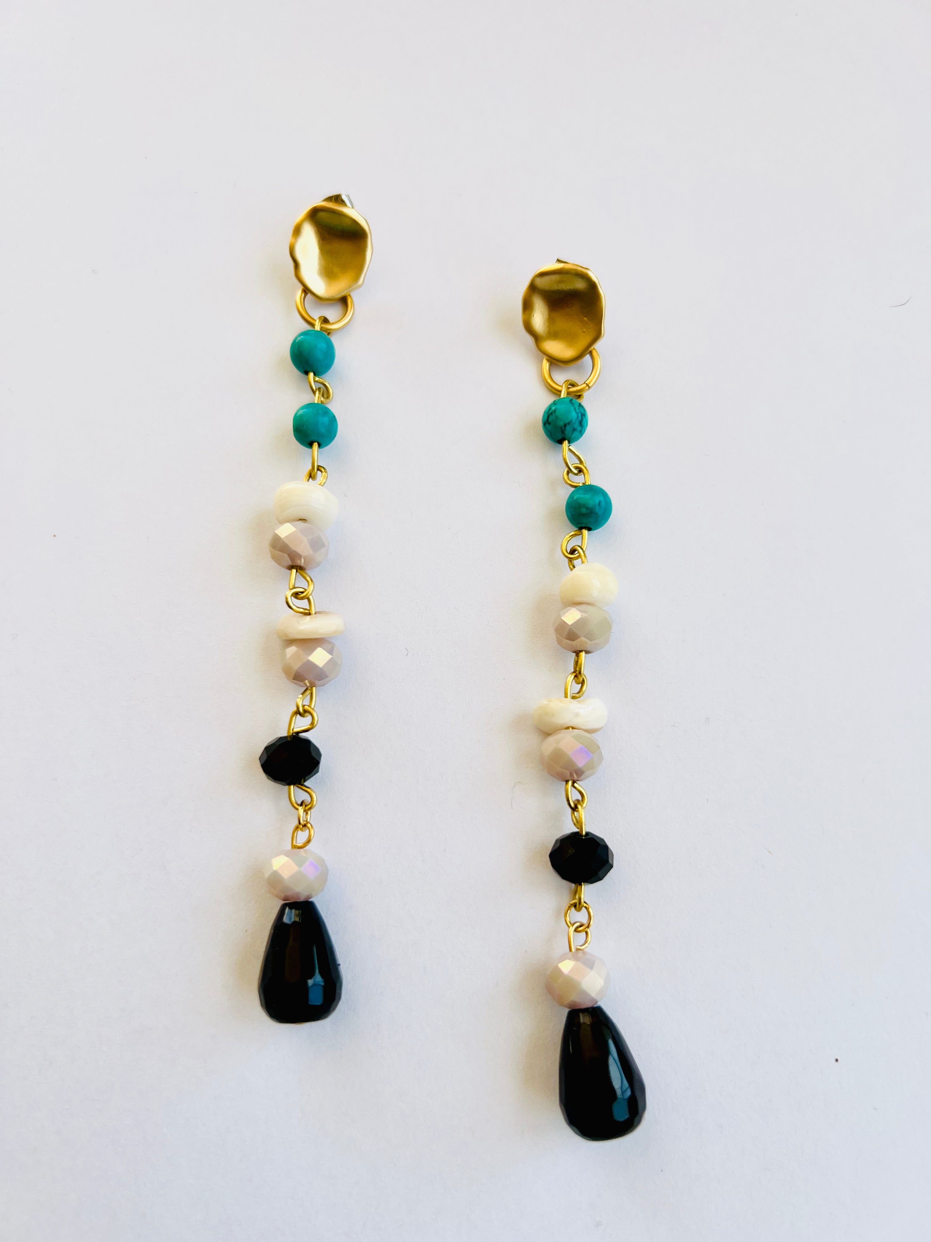 Turquoise and Black Onyx Beaded Chain Earrings