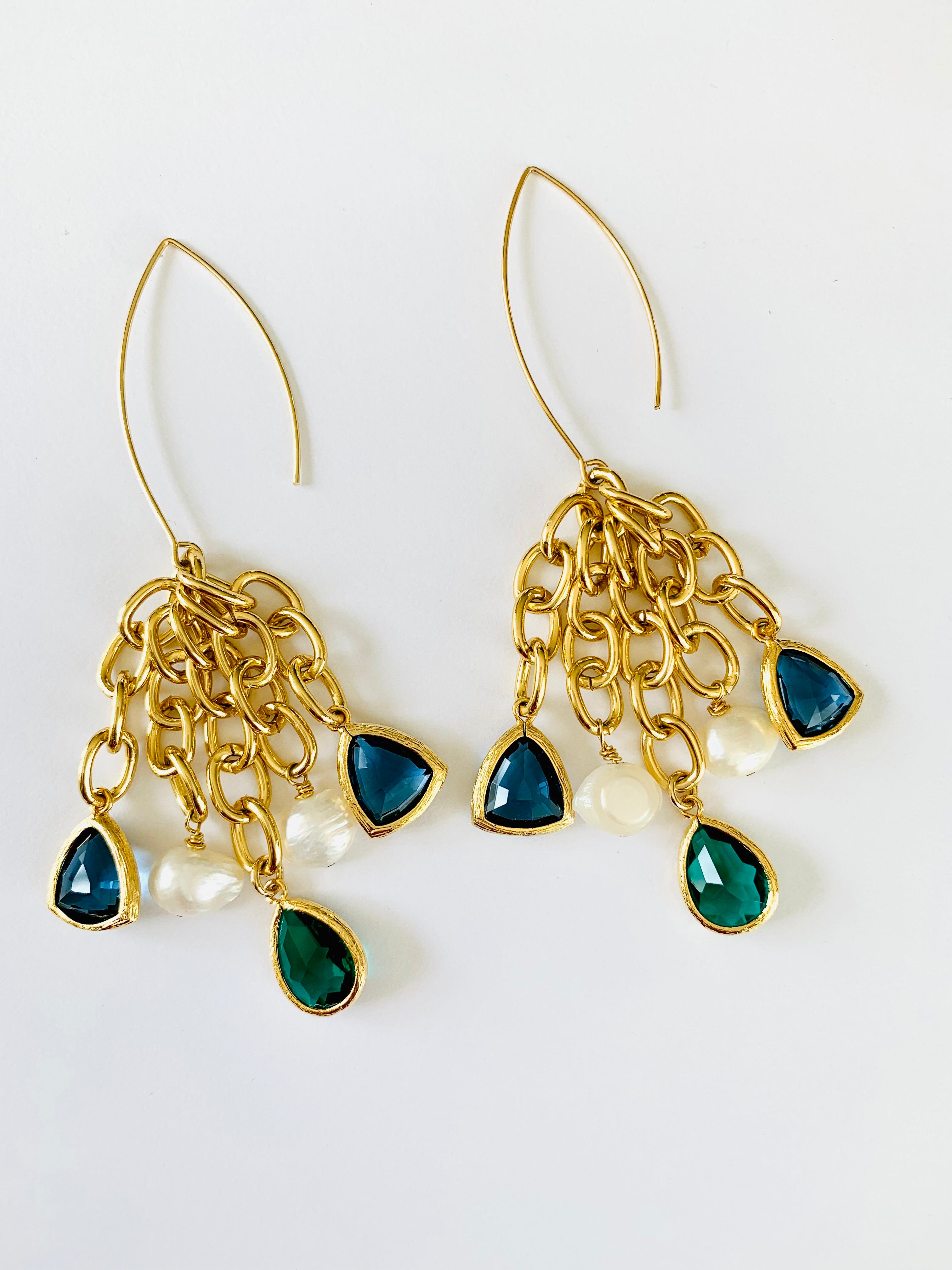 Mother-of-Pearl, Sapphire,Emerald Gold Chandelier Earrings