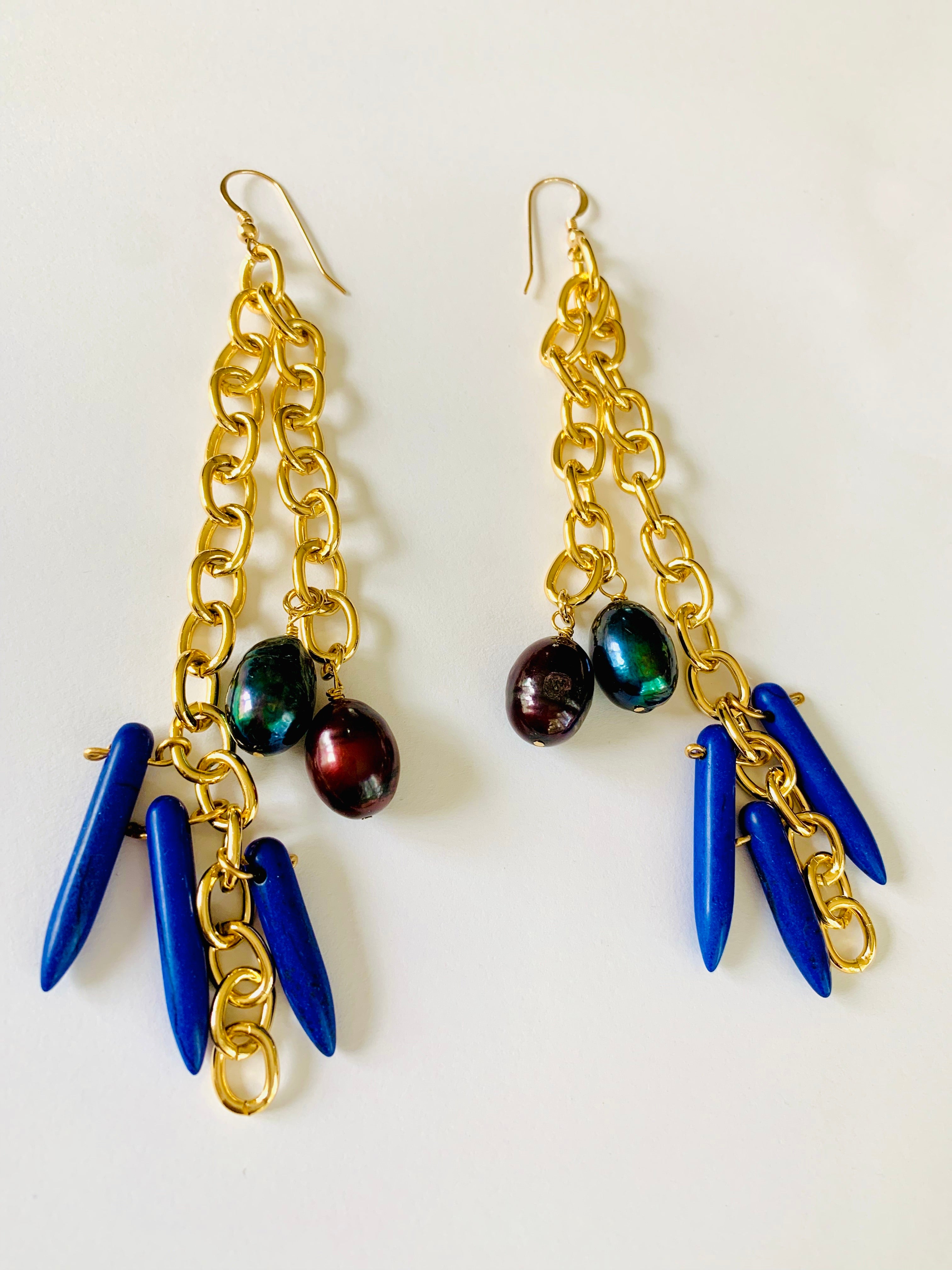 Peacock Pearls and Lapis Sticks Cluster Earrings