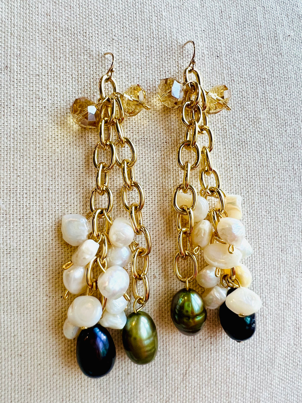 Women’s Gold Chain, Freshwater Pearl,Crystals and Olive Green and Royal Blue Pearl Earrings