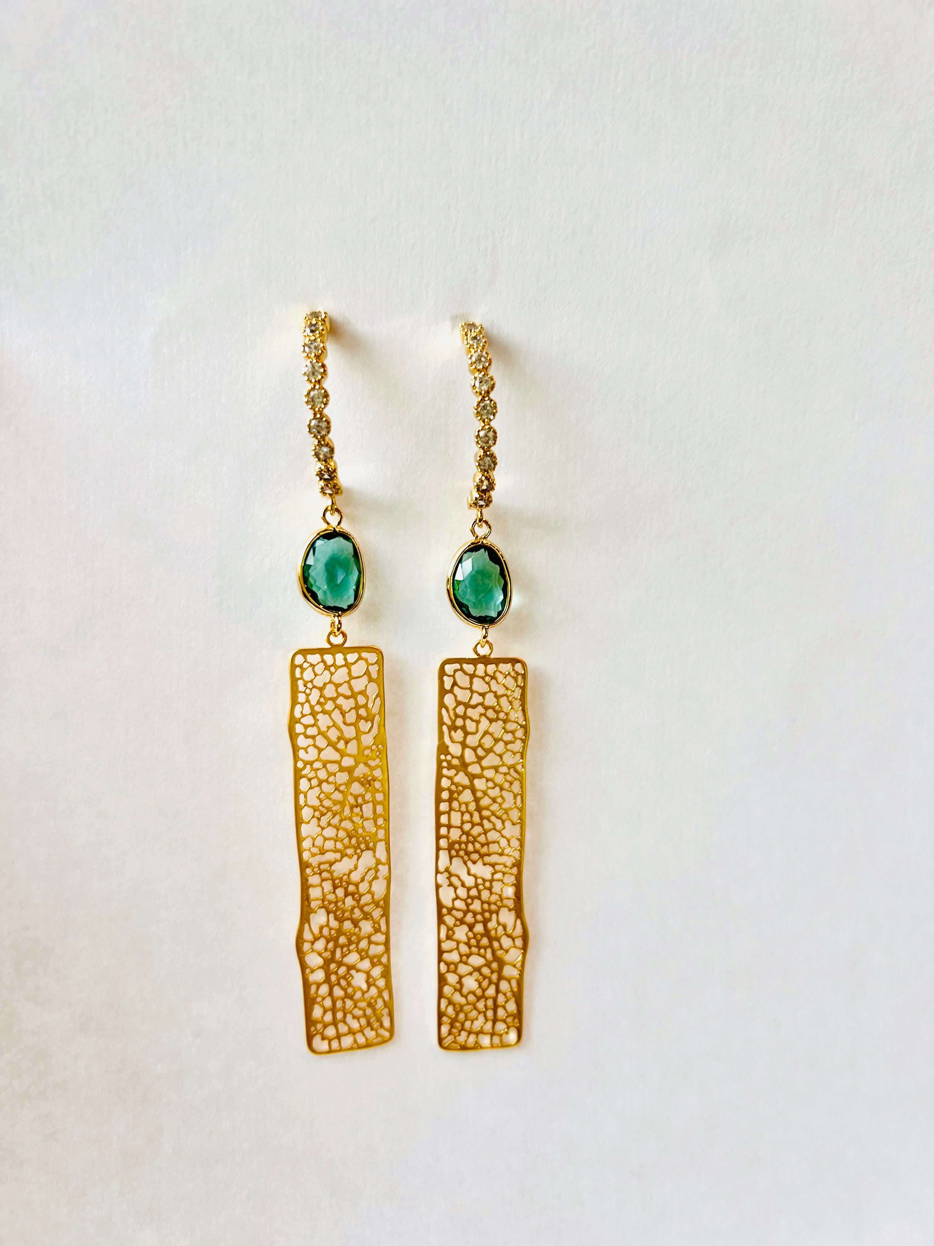 Gold Green Tourmaline Modern Art Earrings