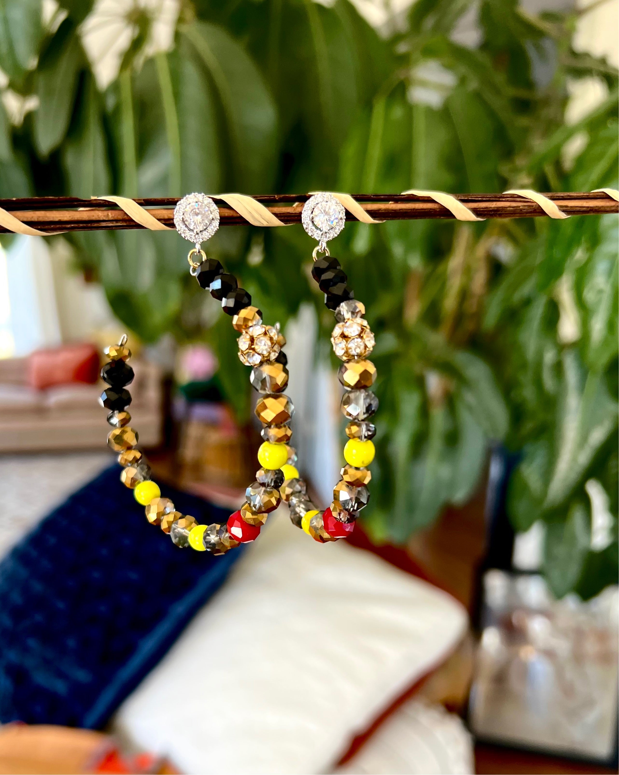 Colorful Beaded Black Diamond Crystal Hoop Earrings