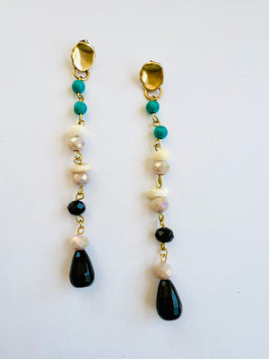 Turquoise and Black Onyx Beaded Chain Earrings
