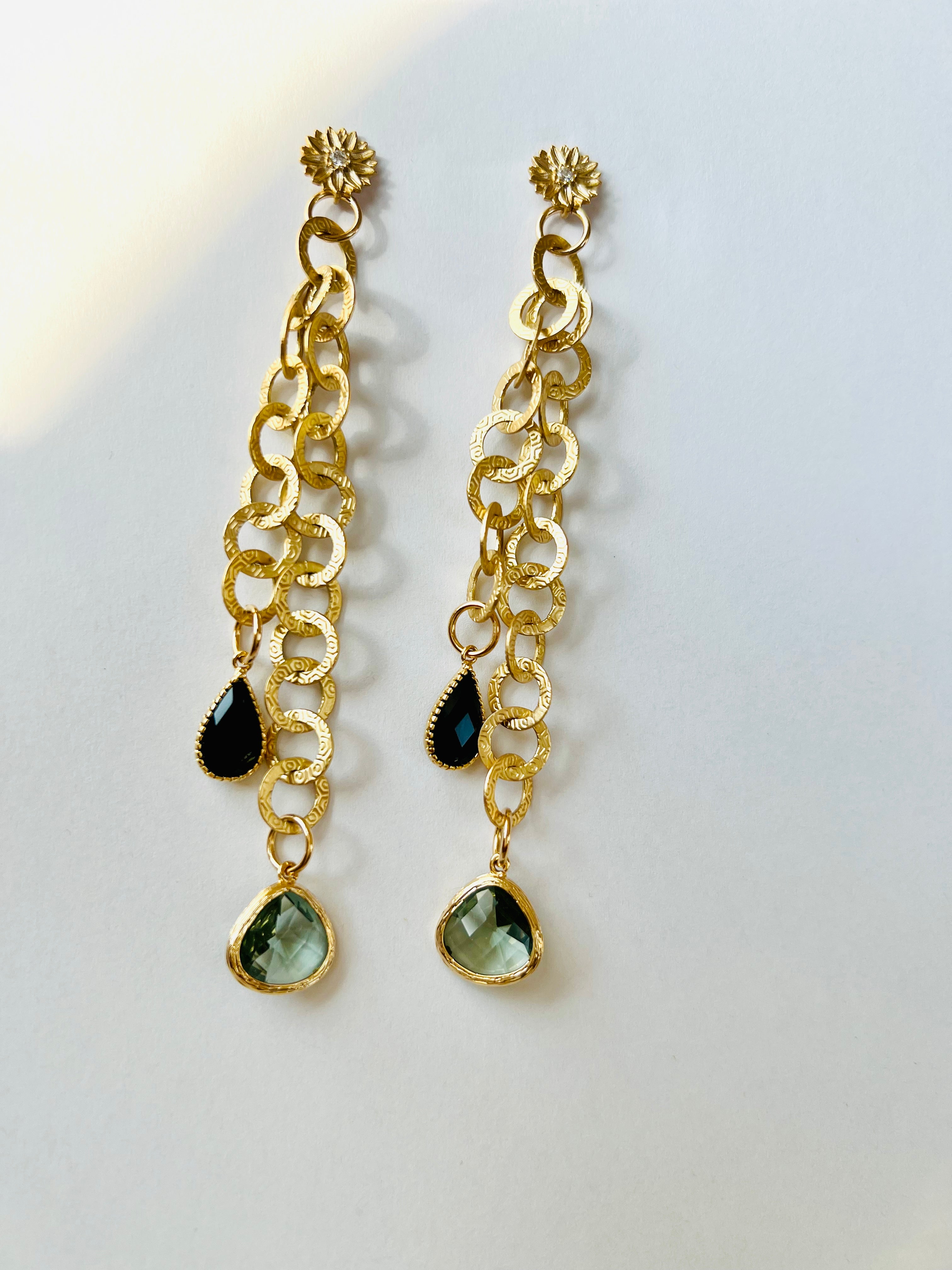 Black Onyx and Sage Gold Aztec Earrings