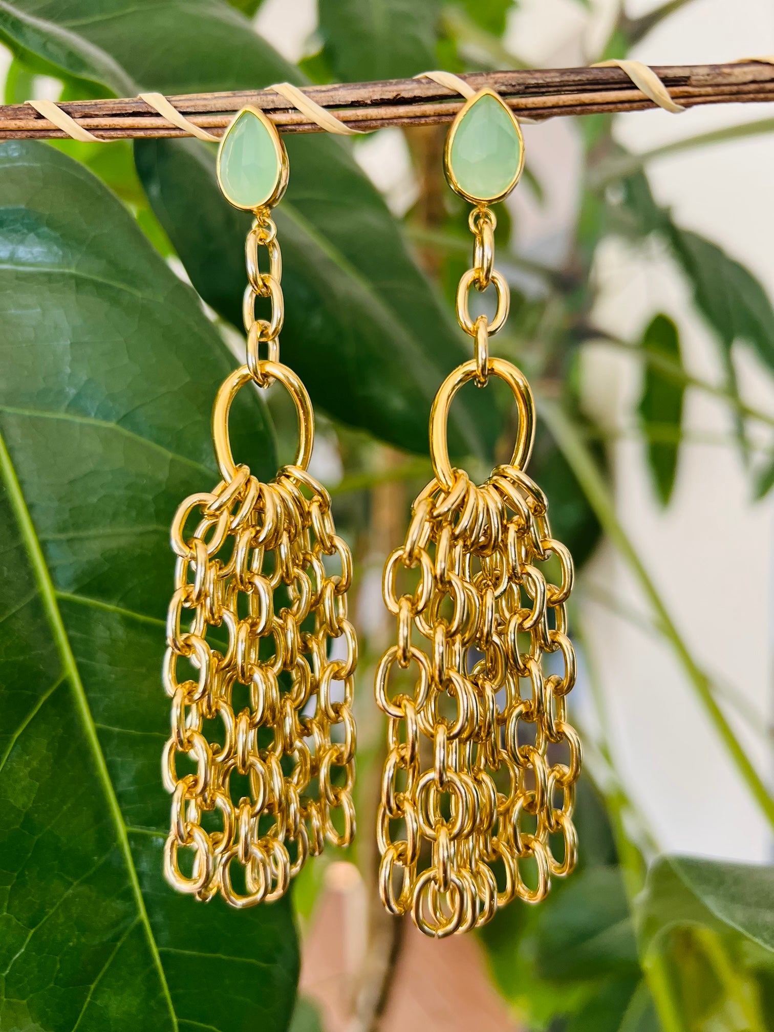 Seafoam Green Gold Gold Tassel Earrings