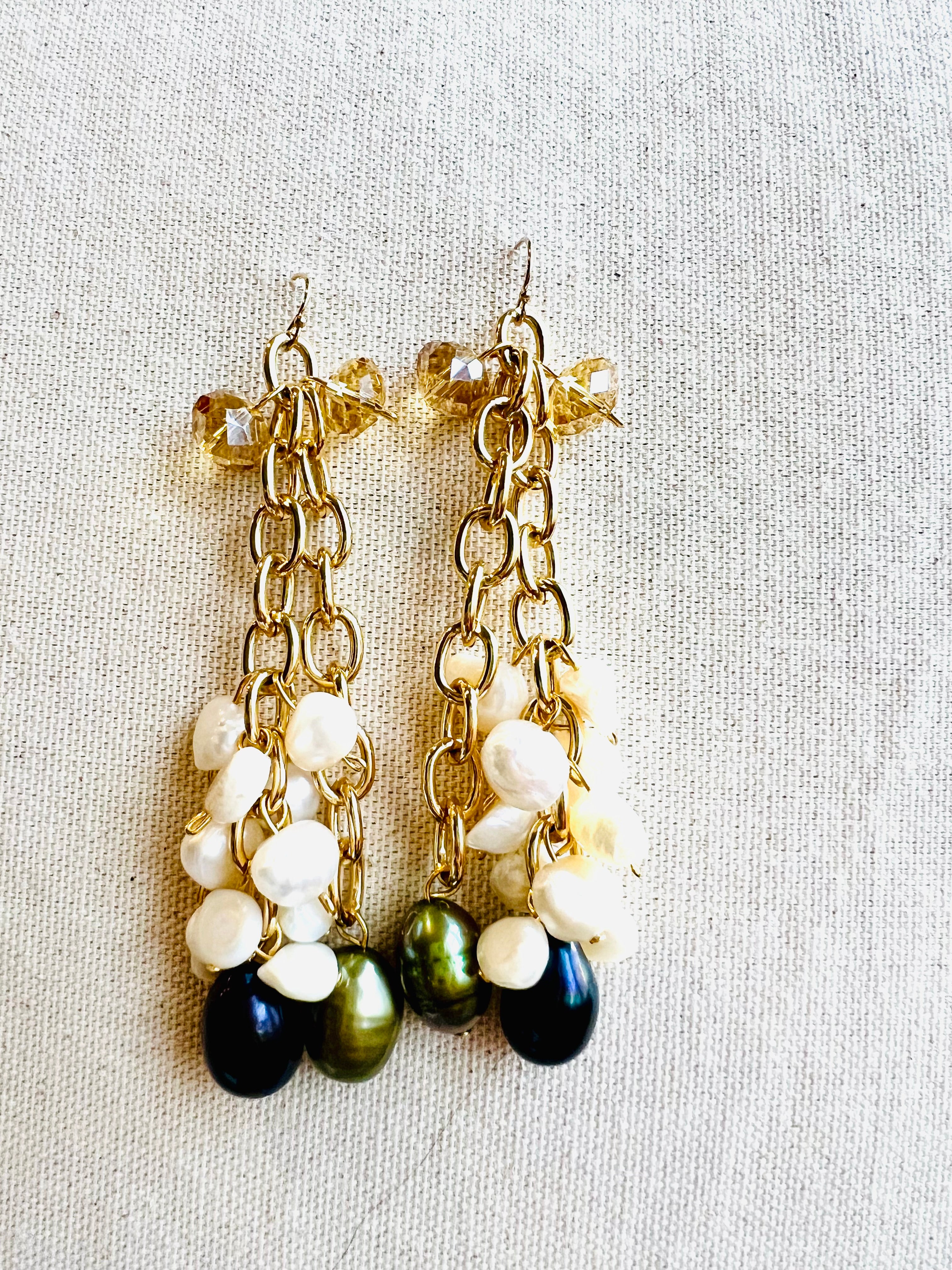 Women’s Gold Chain, Freshwater Pearl,Crystals and Olive Green and Royal Blue Pearl Earrings
