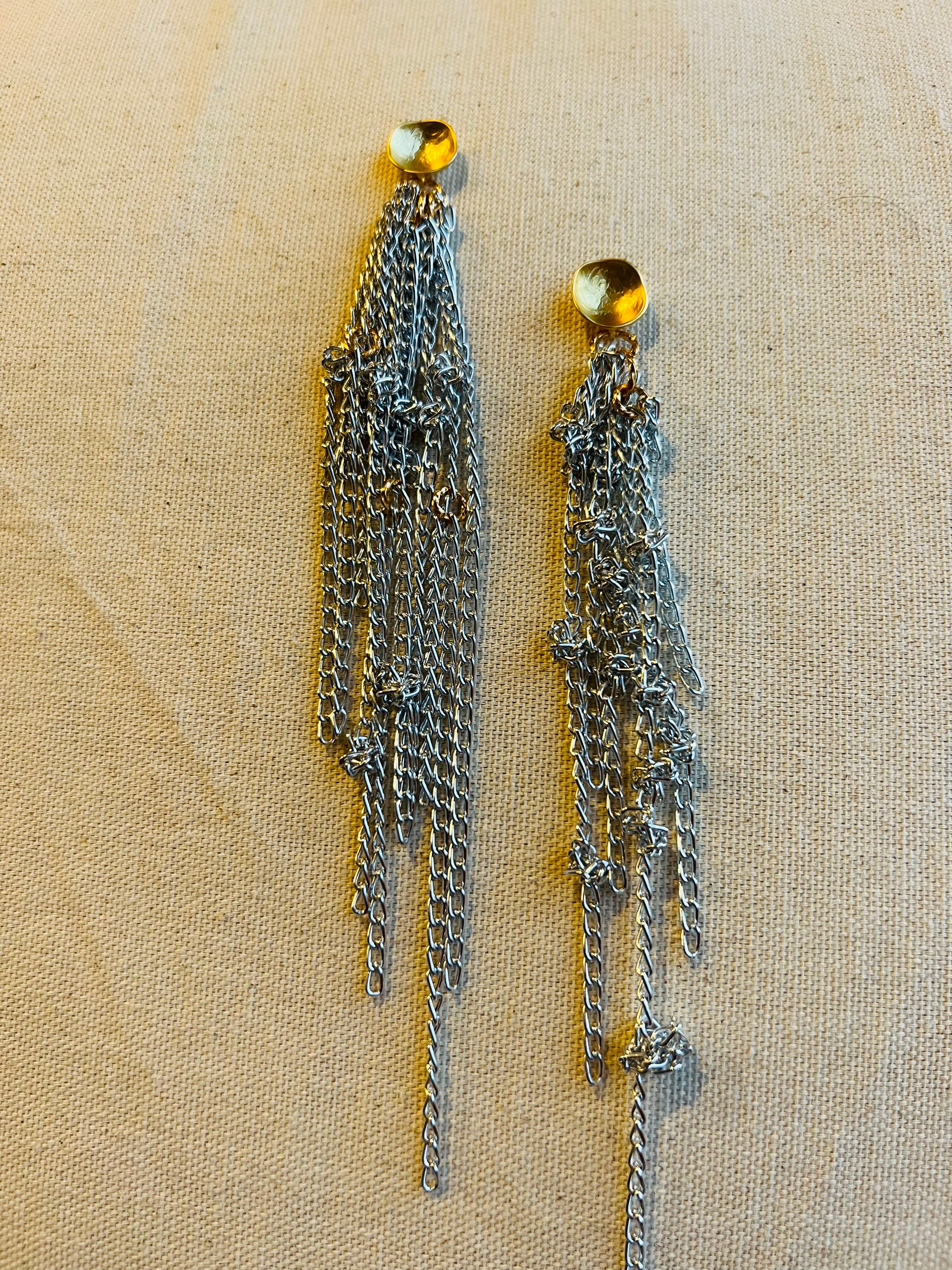 Silver Long Modern Chain Earring with Gold Accents