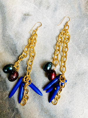 Peacock Pearls and Lapis Sticks Cluster Earrings